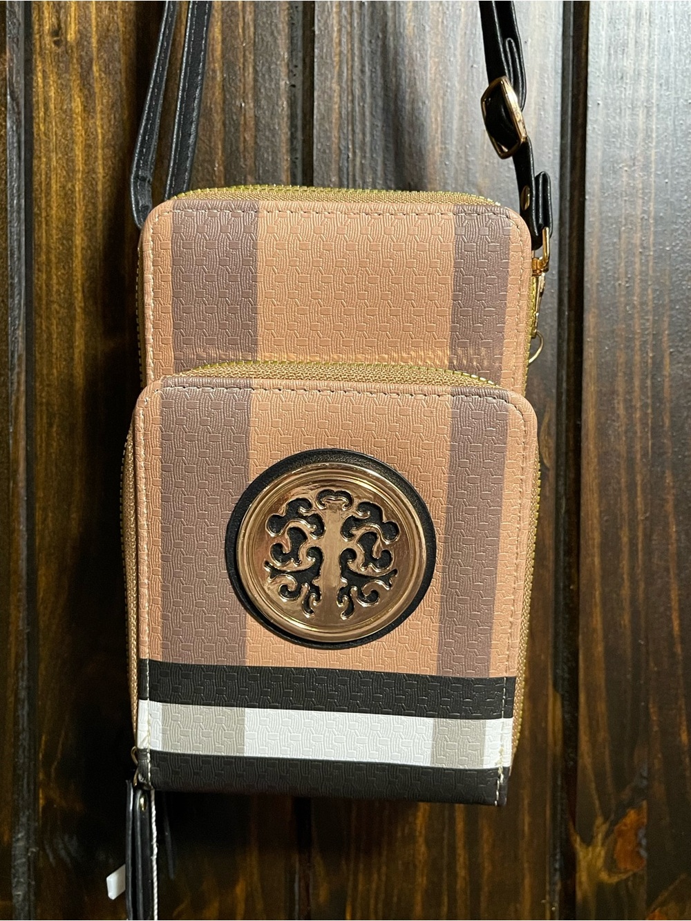 Striped Tan & Brown Crossbody Phone Wallet with Decorative Medallion